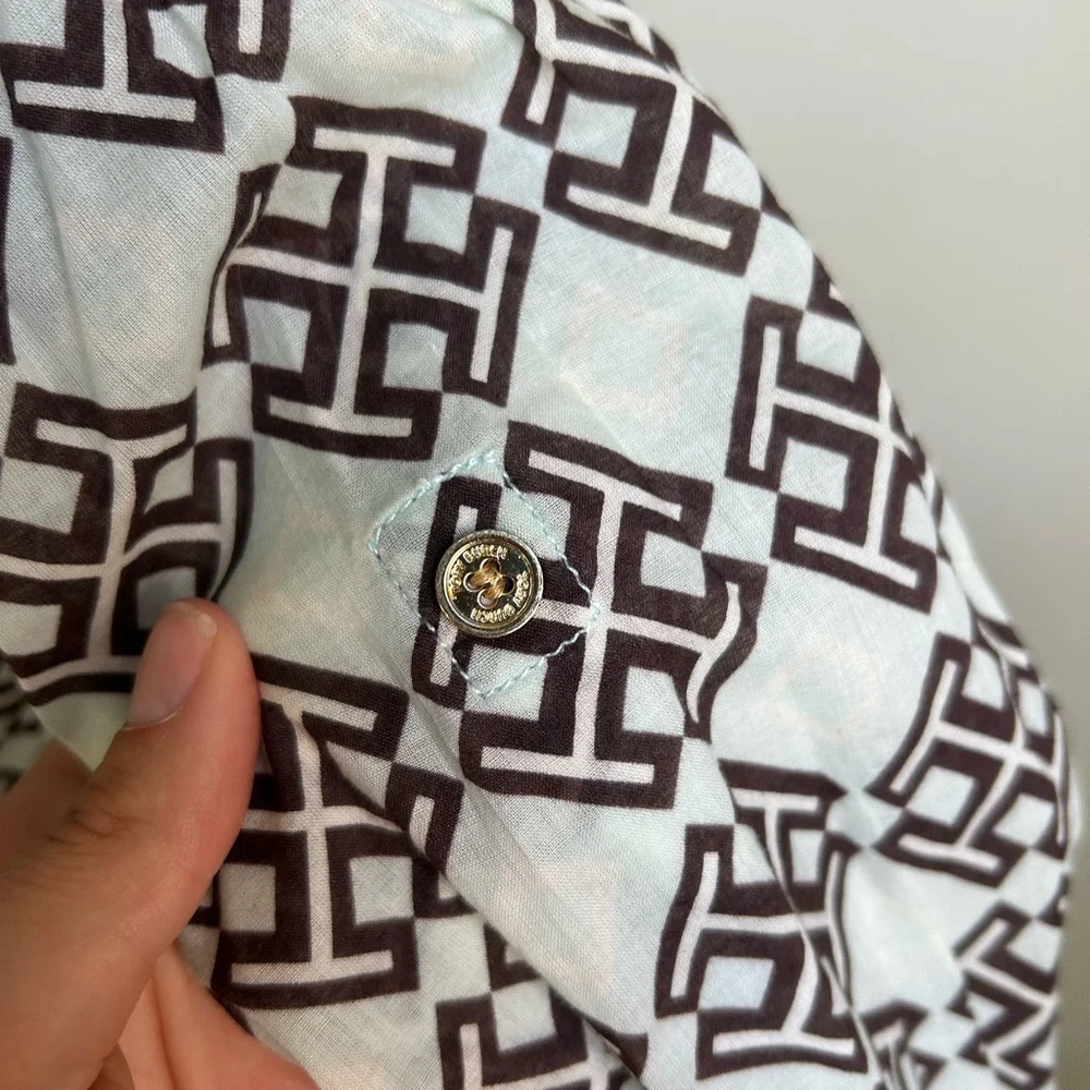 ▶️ Tory Burch Logo Print Blouse Women 2 Sheer Button Front Collared Long Sleeve